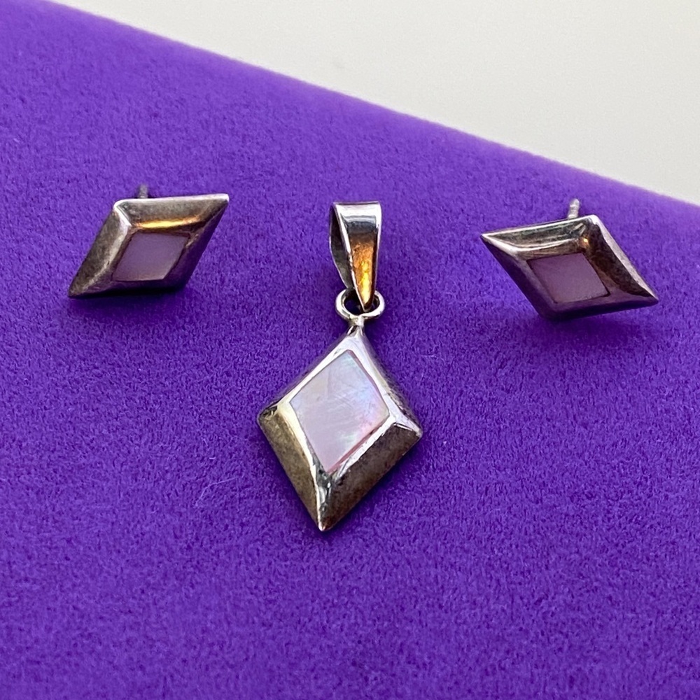 💛Vintage Sterling Silver Mother Of Pearl Jewelry Set | Soft Iridescent Geometry